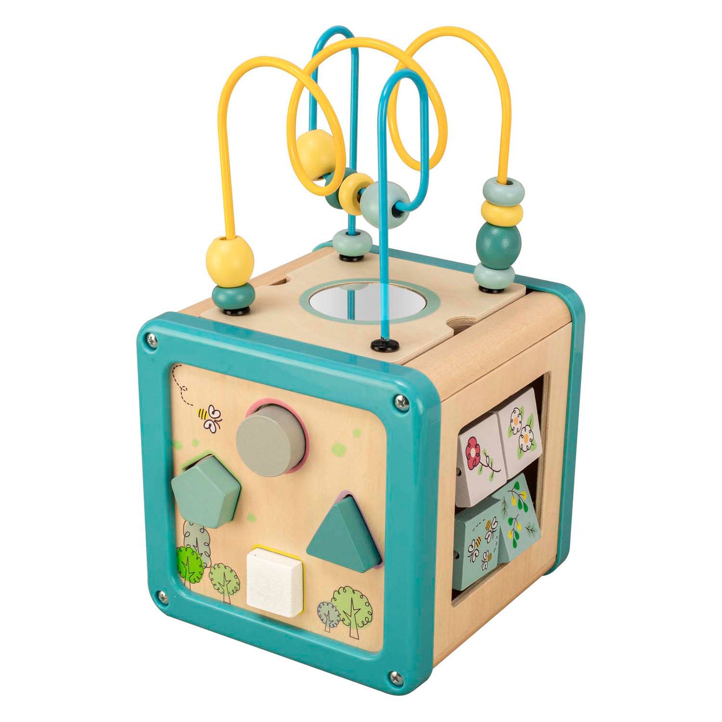 Cubo de actividades de madera Playwood con marco de cuentas