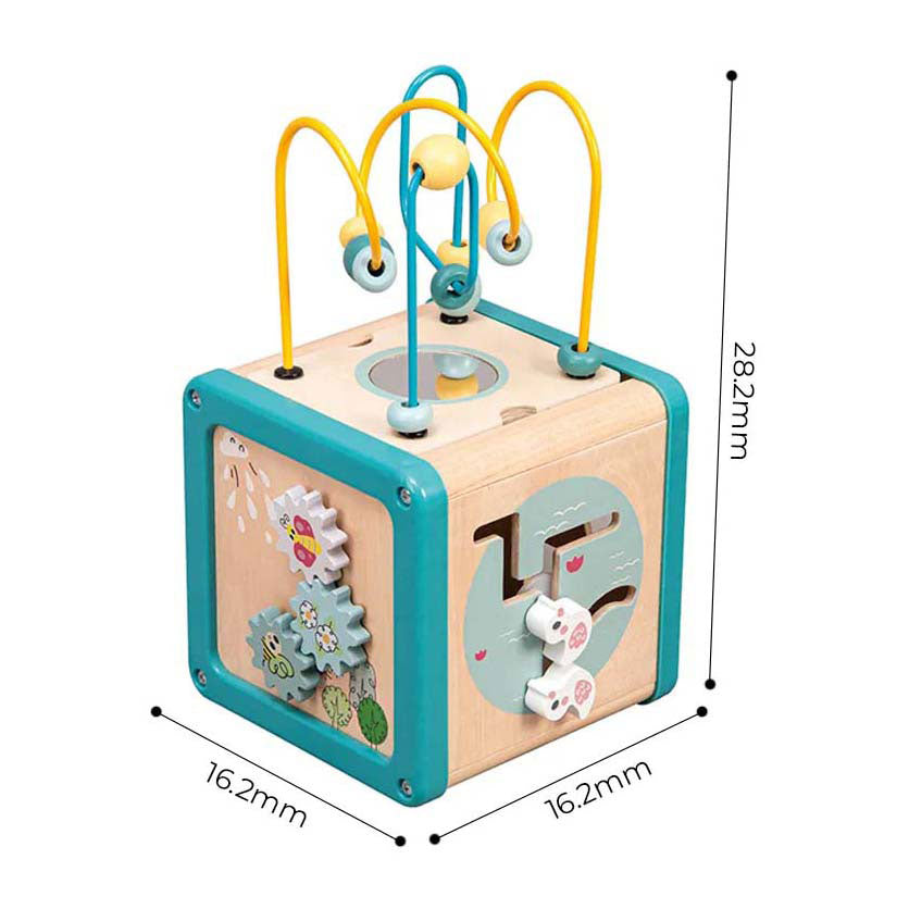 Cubo de actividades de madera Playwood con marco de cuentas