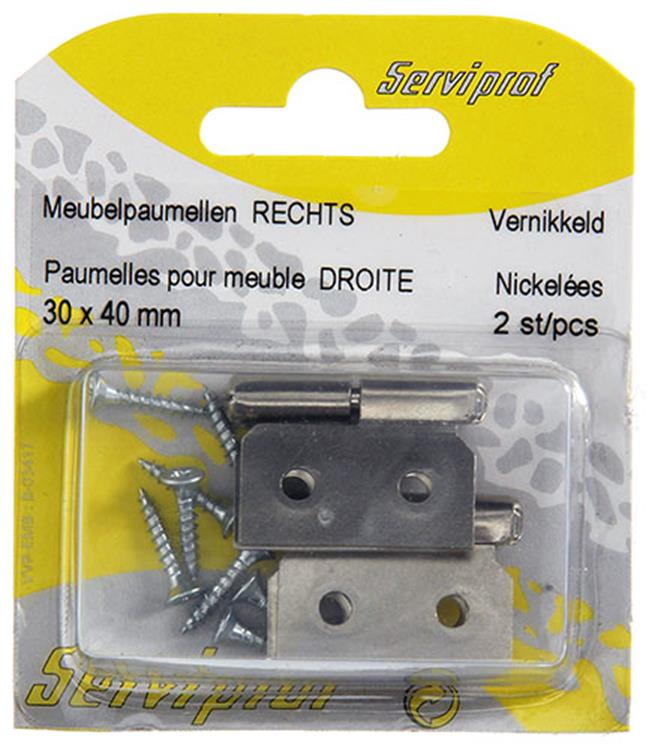 Mack 1013467 - 2 bisagras para muebles derecha niquelada alto 30 x ancho 40 mm | 5 piezas