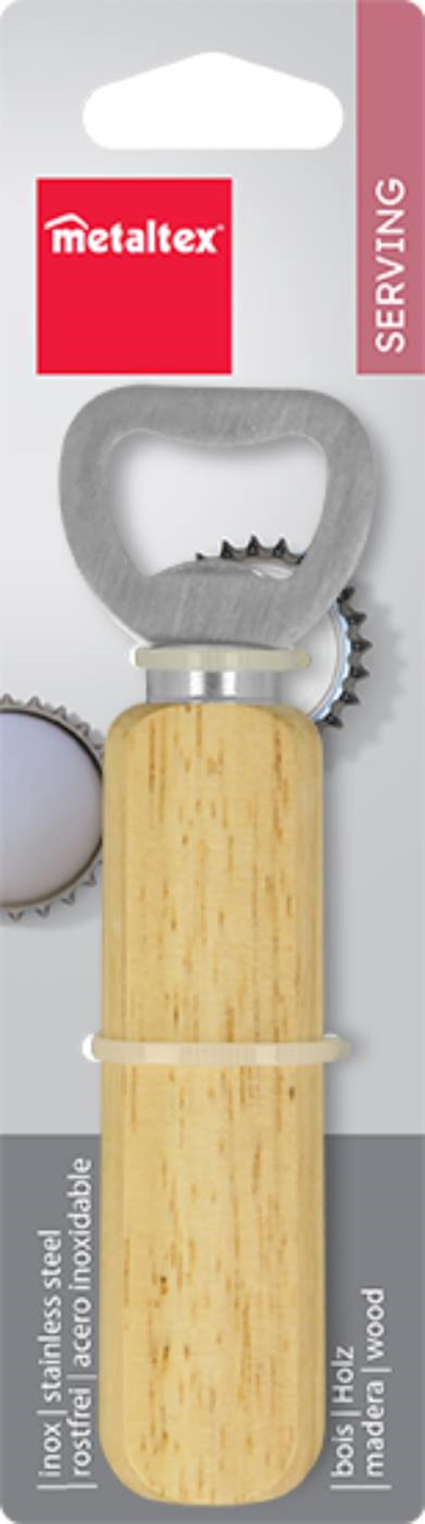 Abrebotellas Metaltex de acero inoxidable con mango de madera.