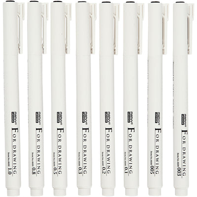 Finelinistas, espesor de línea 0.03+0.05+0.1+0.2+0.3+0.5+0.8+1.0 mm, negro, 8 piezas 1 caja