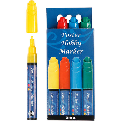 Rotulador para pósteres, ancho de trazo 3 mm, azul, verde, rojo, amarillo, 4 unidades 1 caja