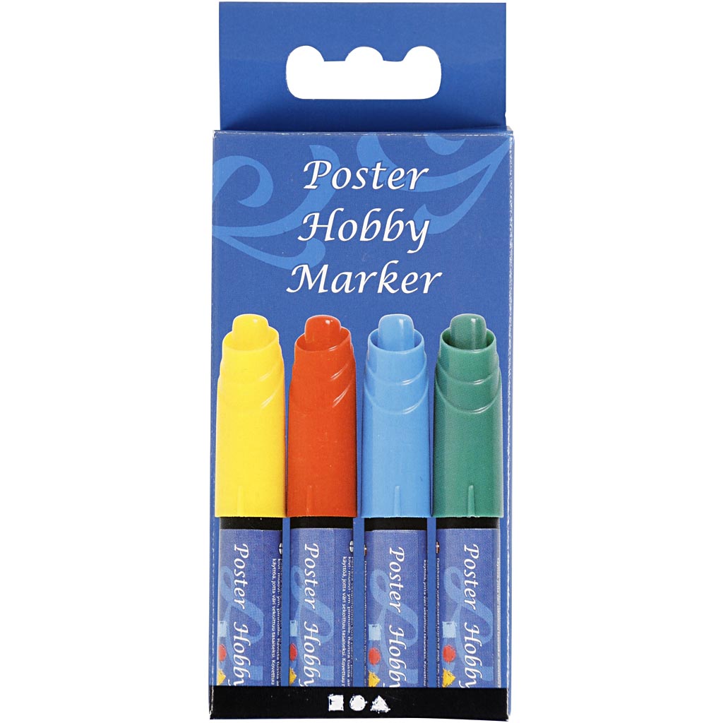 Poster hobby marker, line width 3 mm, blue, green, red, yellow, 4 pieces 1 box
