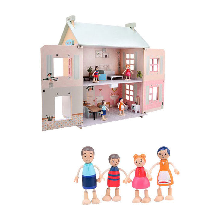 Casa delle bambole in legno Joueco - incl. 15 mobili e 4 bambole