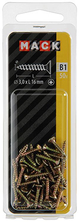 Mack 1017216 - tornillo para aglomerado con cabeza chapado en amarillo 50 piezas 3,0 x 16 mm | 10 piezas