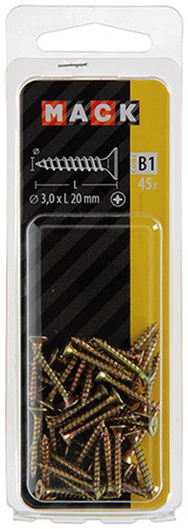 Mack 1017217 - tornillo para aglomerado con cabeza chapado en amarillo 45 piezas 3,0 x 20 mm | 10 piezas