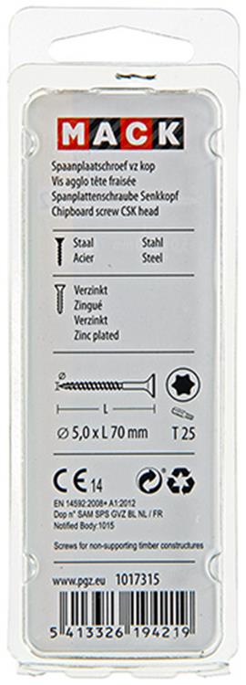 Mack 1017315 - spainplschr.vzkop-automontaje chapado en amarillo 7 piezas 5,0 x 70 mm | 10 piezas