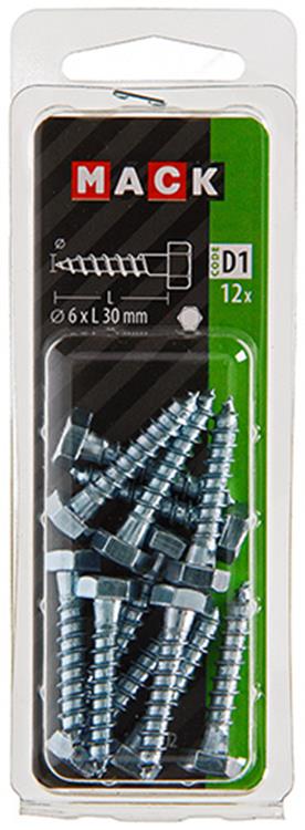 Mack 1017402 - perno roscado para madera acero galvanizado 12 piezas 6 x 30 mm | 10 piezas
