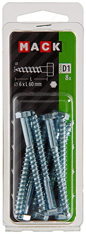 Mack 1017406 - perno roscado para madera acero galvanizado 8 piezas 6 x 60 mm | 10 piezas