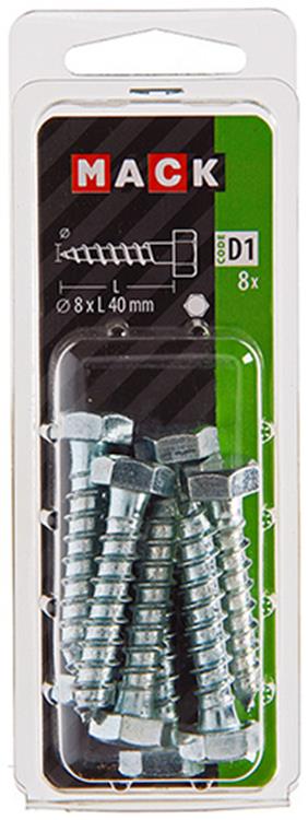 Mack 1017414 - perno roscado para madera acero galvanizado 8 piezas 8 x 40 mm | 5 piezas