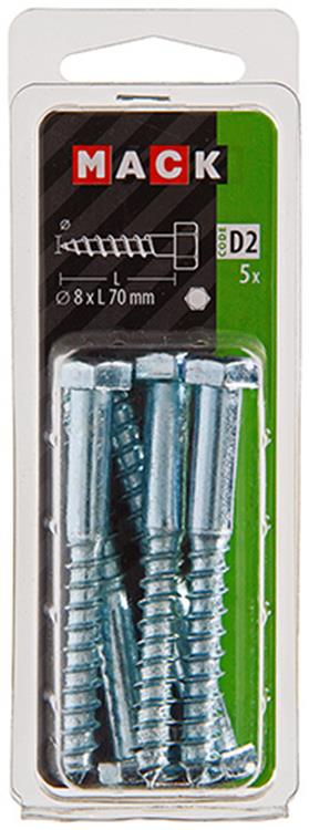 Mack 1017417 - perno roscado para madera acero galvanizado 5 piezas 8 x 70 mm | 5 piezas