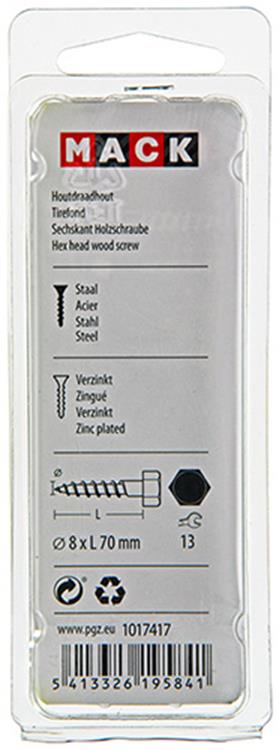 Mack 1017417 - perno roscado para madera acero galvanizado 5 piezas 8 x 70 mm | 5 piezas