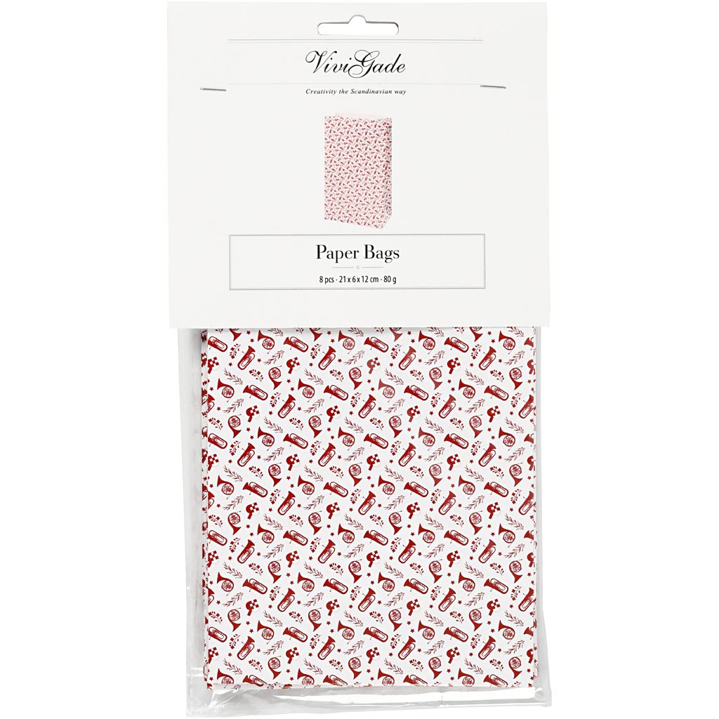Vivi gade bolsas de papel, trompeta, h: 21 cm, medidas 6x12 cm, 80 gr, rojo, blanco, 8 piezas 1 caja