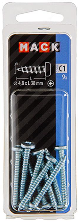 Mack 1017454 - tornillo autorroscante cabeza cilíndrica galv. 9 piezas 4,8 x 38 mm | 10 piezas