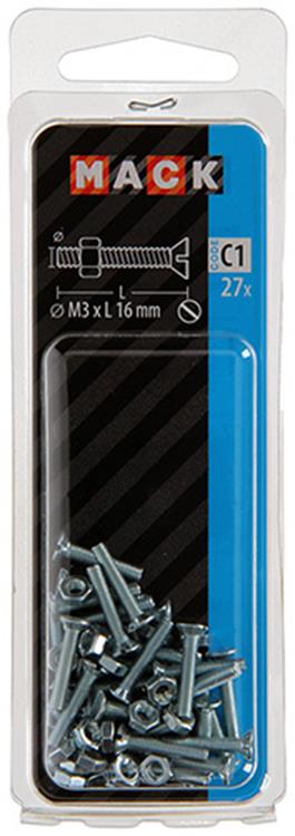 Mack 1017489 - tornillo metálico galvanizado. cabeza + tuerca chapada 27pzs m3 x 16 mm | 10 piezas