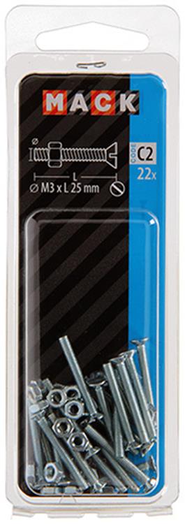 Mack 1017490 - tornillo metálico galvanizado. cabeza + tuerca chapada 22uds m3 x 25 mm | 10 piezas