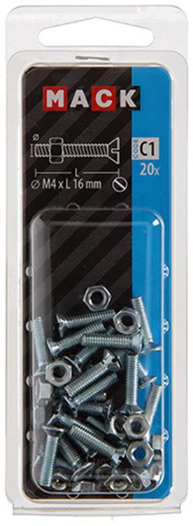Mack 1017491 - tornillo metálico galvanizado. cabeza + tuerca chapada 20uds m4 x 16 mm | 10 piezas