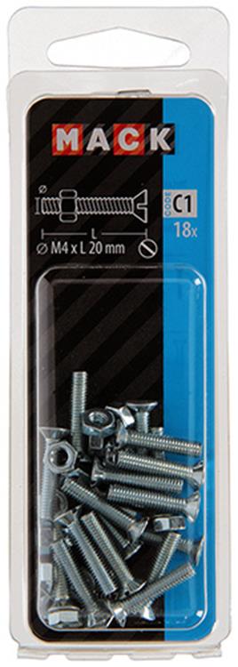 Mack 1017492 - tornillo metálico galvanizado. cabeza + tuerca chapada 18pzs m4 x 20 mm | 10 piezas