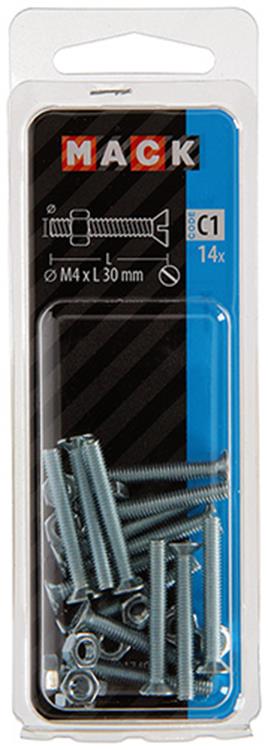 Mack 1017494 - tornillo metálico galvanizado. cabeza + tuerca chapada 14pzs m4 x 30 mm | 10 piezas