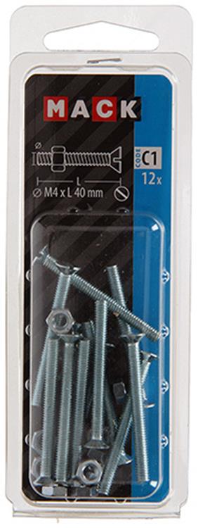 Mack 1017495 - tornillo metálico galvanizado. cabeza + tuerca chapada 12pzs m4 x 40mm | 10 piezas