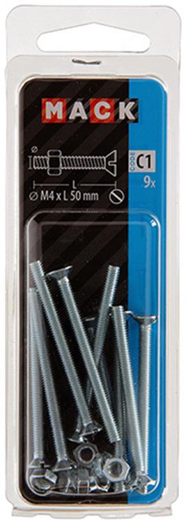 Mack 1017496 - tornillo metálico galvanizado. cabeza + tuerca plateada 9 piezas m4 x 50 mm | 10 piezas