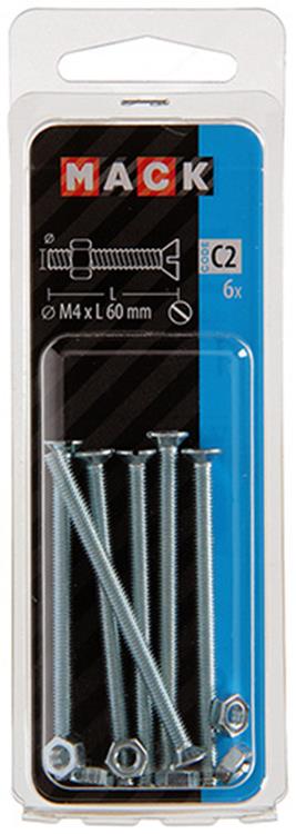 Mack 1017497 - tornillo metálico galvanizado. cabeza + tuerca chapada 6 piezas m4 x 60 mm | 10 piezas