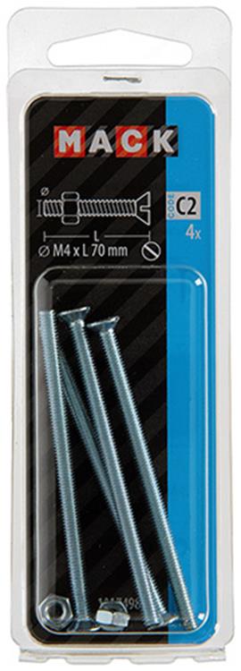 Mack 1017498 - tornillo metálico galvanizado. cabeza + tuerca chapada 4 piezas m4 x 70 mm | 10 piezas