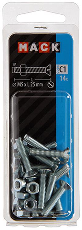 Mack 1017501 - tornillo metálico galvanizado. cabeza + tuerca chapada 14pzs m5 x 25 mm | 10 piezas
