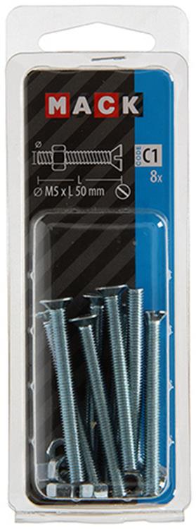 Mack 1017504 - tornillo metálico galvanizado. cabeza + tuerca chapada 8 piezas m5 x 50 mm | 10 piezas