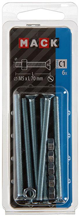 Mack 1017506 - tornillo metálico galvanizado. cabeza + tuerca chapada 6 piezas m5 x 70 mm | 10 piezas