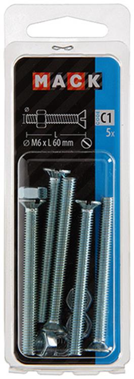 Mack 1017513 - tornillo metálico galvanizado. cabeza + tuerca chapada 5 piezas m6 x 60 mm | 10 piezas
