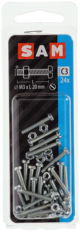 Mack 1017516 - cilindro de tornillo metálico. cabeza + tuerca chapada 24 piezas m3 x 20 mm | 10 piezas