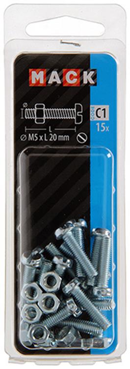 Mack 1017524 - cilindro de tornillo metálico. cabeza + tuerca chapada 15 piezas m5 x 20 mm | 10 piezas