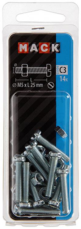 Mack 1017525 - cilindro de tornillo metálico. cabeza + tuerca chapada 14 piezas m5 x 25 mm | 10 piezas