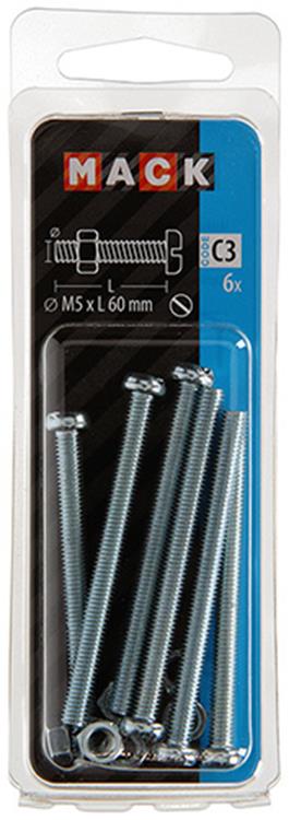 Mack 1017529 - cilindro de tornillo metálico. cabeza + tuerca chapada 6 piezas m5 x 60 mm | 10 piezas