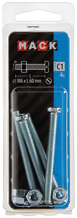 Mack 1017536 - cilindro de tornillo metálico. cabeza + tuerca chapada 4 piezas m6 x 60 mm | 10 piezas