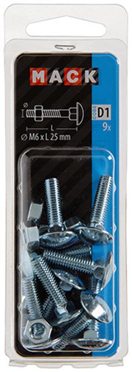 Mack 1017567 - perno para madera + tuerca acero galvanizado 9 piezas m6 x 25 mm | 5 piezas
