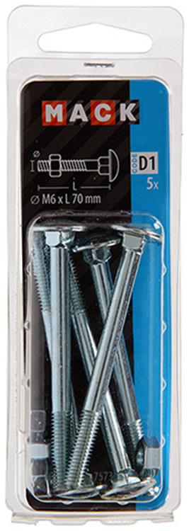 Mack 1017573 - perno para madera + tuerca acero galvanizado 5 piezas m6 x 70 mm | 5 piezas