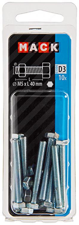 Mack 1017602 - perno macho + tuerca acero galvanizado 10 piezas m5 x 40 mm | 10 piezas