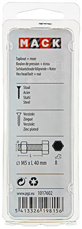 Mack 1017602 - perno macho + tuerca acero galvanizado 10 piezas m5 x 40 mm | 10 piezas