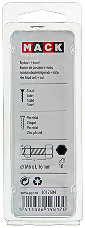 Mack 1017604 - grifo perno + tuerca acero galvanizado 15 piezas m6 x 16 mm | 10 piezas