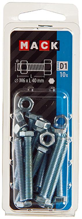 Mack 1017608 - perno macho + tuerca acero galvanizado 10 piezas m6 x 40 mm | 5 piezas