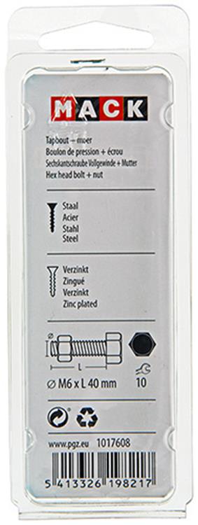 Mack 1017608 - perno macho + tuerca acero galvanizado 10 piezas m6 x 40 mm | 5 piezas