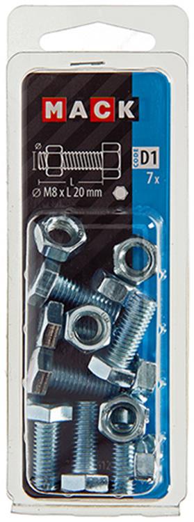 Mack 1017612 - perno macho + tuerca acero galvanizado 7 piezas m8 x 20 mm | 10 piezas