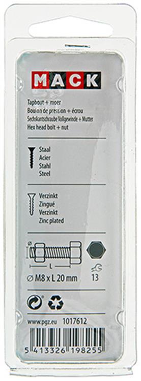 Mack 1017612 - perno macho + tuerca acero galvanizado 7 piezas m8 x 20 mm | 10 piezas