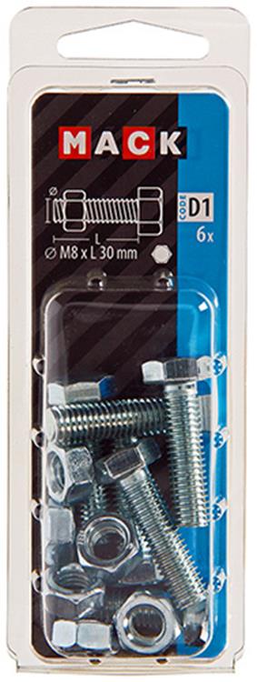 Mack 1017613 - perno macho + tuerca acero galvanizado 6 piezas m8 x 30 mm | 5 piezas
