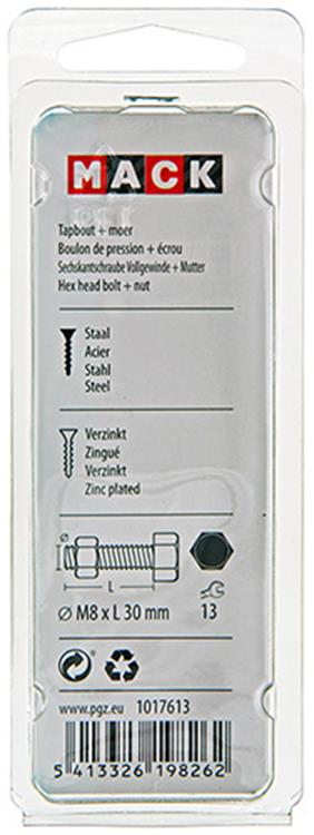 Mack 1017613 - perno macho + tuerca acero galvanizado 6 piezas m8 x 30 mm | 5 piezas