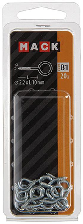 Mack 1017768 - ojo de tornillo acero galvanizado 20 piezas 2,2 x 10 mm | 10 piezas