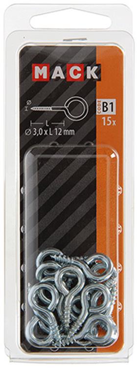 Mack 1017770 - ojo de tornillo acero galvanizado 15uds 3,0 x 12 mm | 10 piezas
