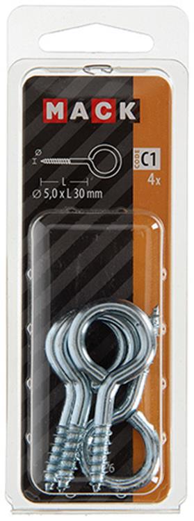 Mack 1017776 - ojo de tornillo acero galvanizado 4 piezas 5,0 x 30 mm | 10 piezas